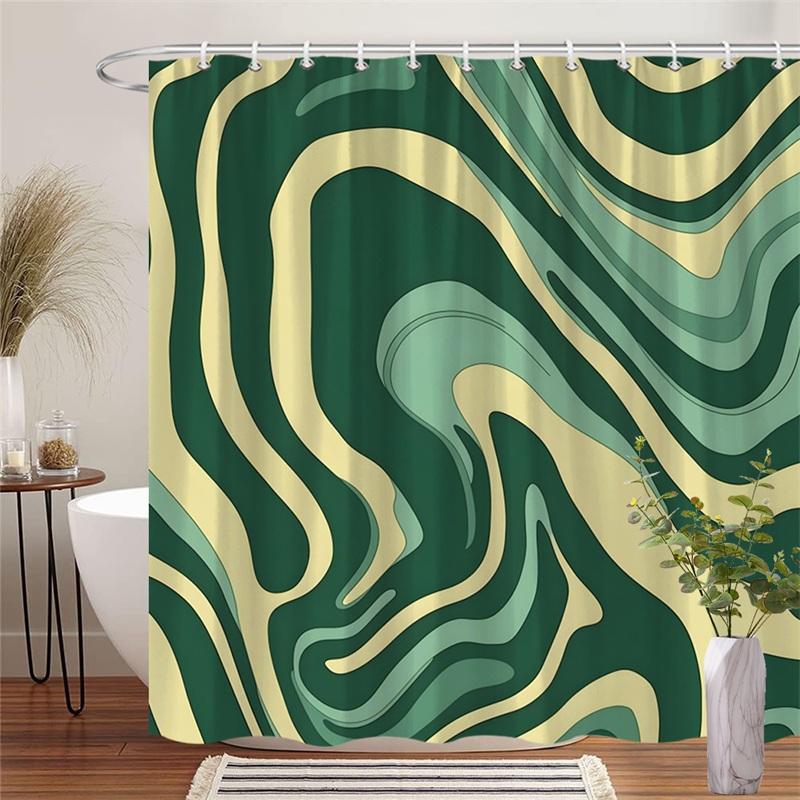 

1 Piece Abstract Swirl Marble Pattern Shower Curtain - Modern Minimalist Green and Beige Wavy Lines Design, Machine Washable 90X180cm