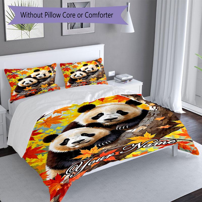 3PC Custom Name Autumn Panda Pair Bedding Set Duvet Cover Closure Includes 1 Duvet Cover & 2 Pillowcases for Bedroom
