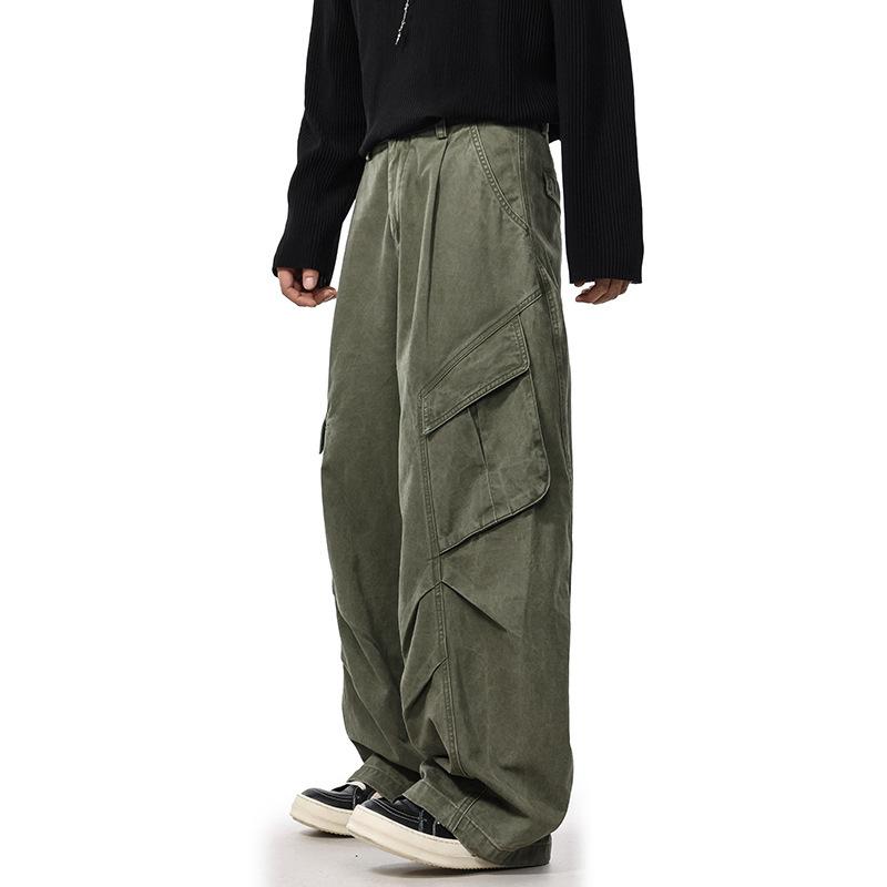American retro washed pleated casual pants men's and women's autumn tide brand street loose deconstruction wide-leg tooling floor-mopping pants