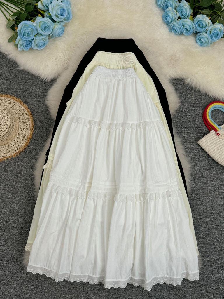 2025 Autumn/Winter Japanese-Korean Patchwork Lace A-line Midi Skirt