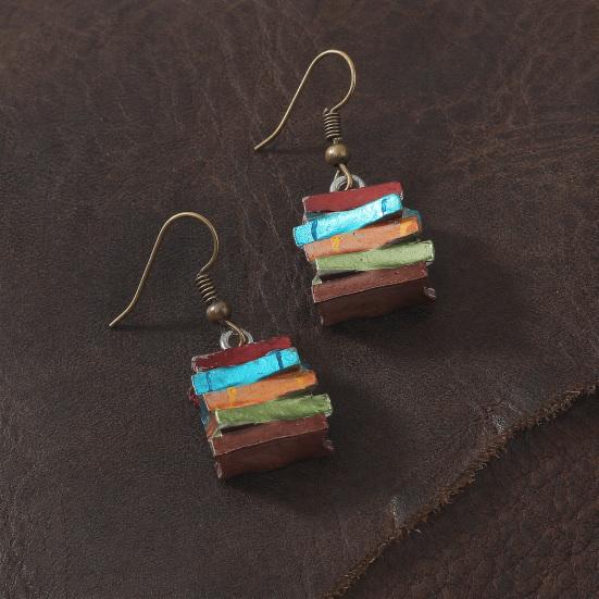 Yousheng 1 Pair Women Earrings, Retro Mini Stacked Book Design Hook Earrings, Lightweight Literary Drop Earrings for Jewelry Gift