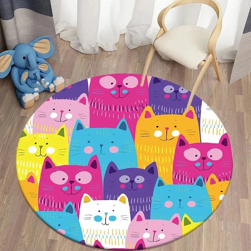 Cute Cat Round Carpet Cartoon Animal Cats Area Rug for Office Living Room Bedroom Decoration Non-slip Children's Crawl Floor Mat