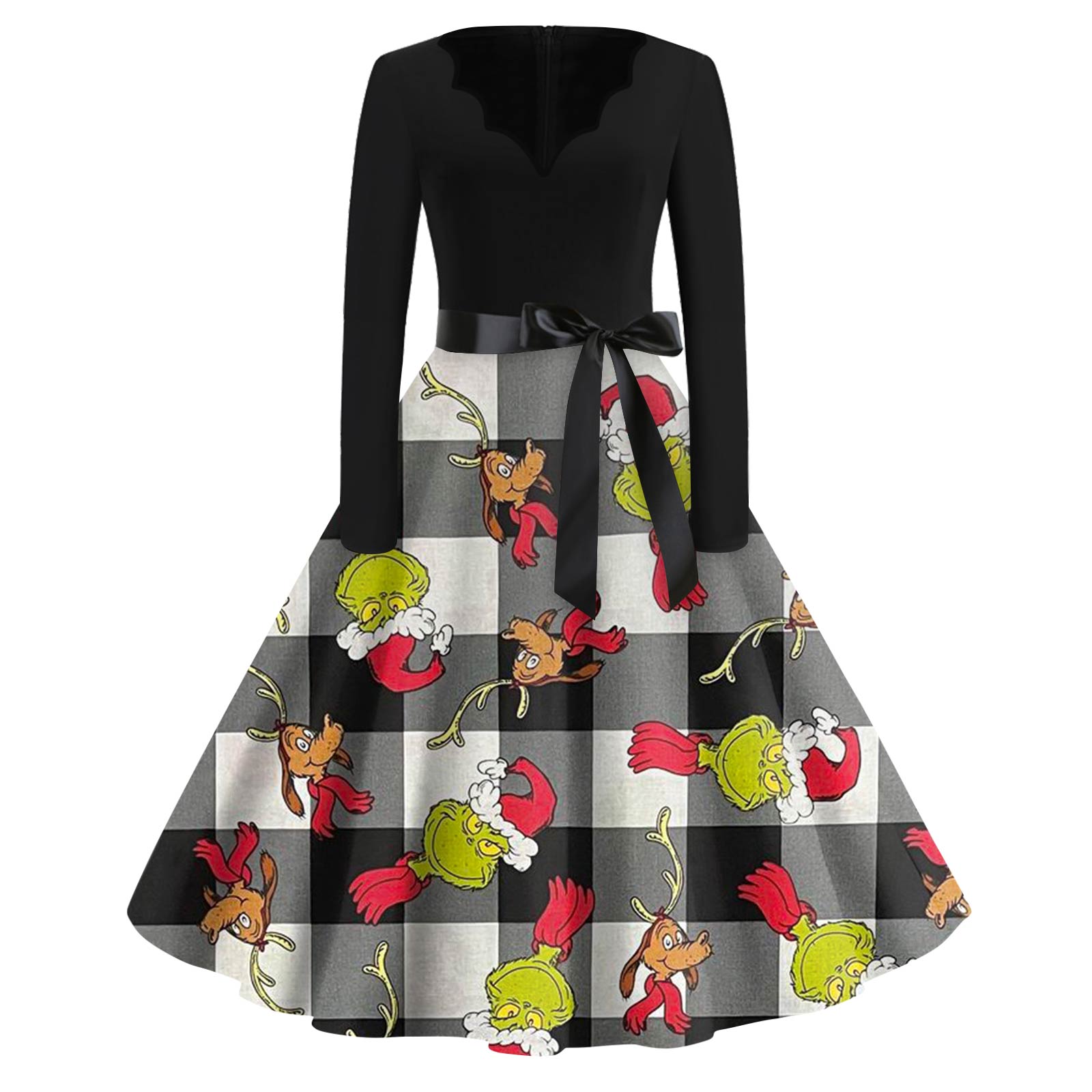 Women s Fashion V-neck Casual Slim-fit Christmas Print Long-sleeved Dress XXXXL