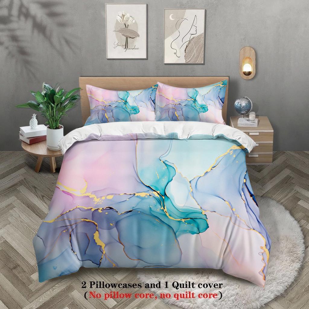 Abstract Art Bedding Set Blue Pink Purple Gold Marble Pattern Bedding With Duvet Cover & Pillowcases For Bedroom