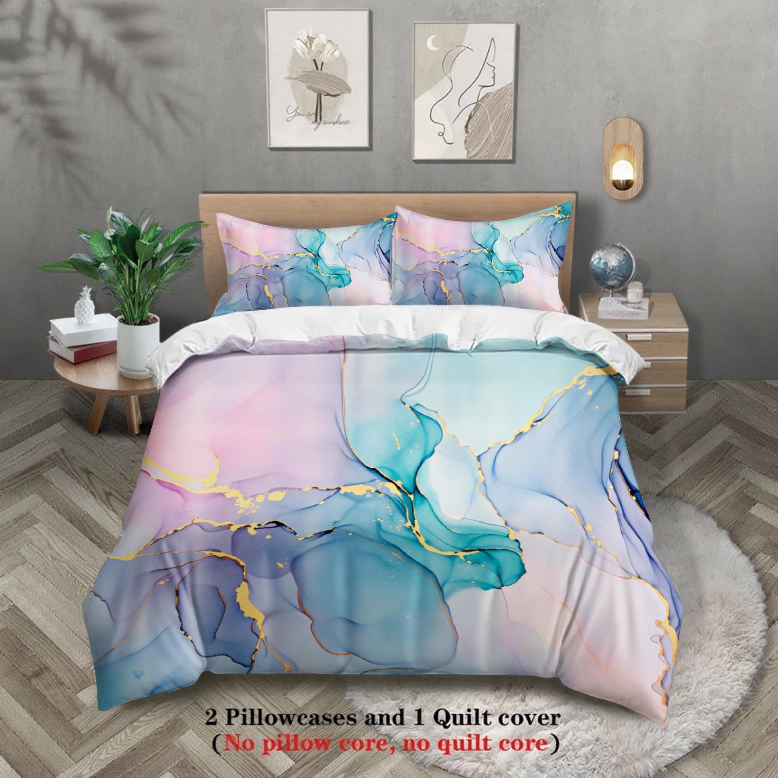 

Abstract Art Bedding Set Blue Pink Purple Gold Marble Pattern Bedding With Duvet Cover & Pillowcases For Bedroom US Full(200x230cm)