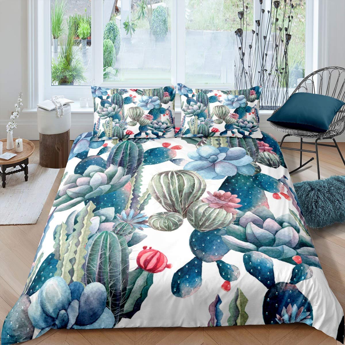 

Succulents Duvet Cover Set Green Plant Tropical Botanical Bedding Set Watercolor Painting Stylish Nature Theme Twin Quilt Cover Tool EU single(135x200cm)