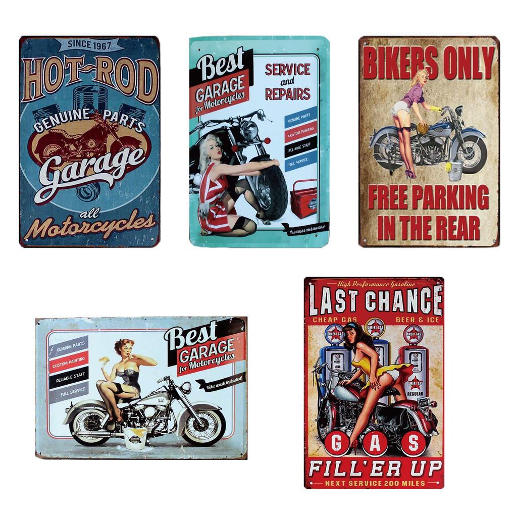 Lanx. Tin Sign Motorcycle 5-Piece Set Metal Plate American Vintage Style Wall Decoration Retro Goods Metal Goods Wall Decoration Antique (Motorcycle)
