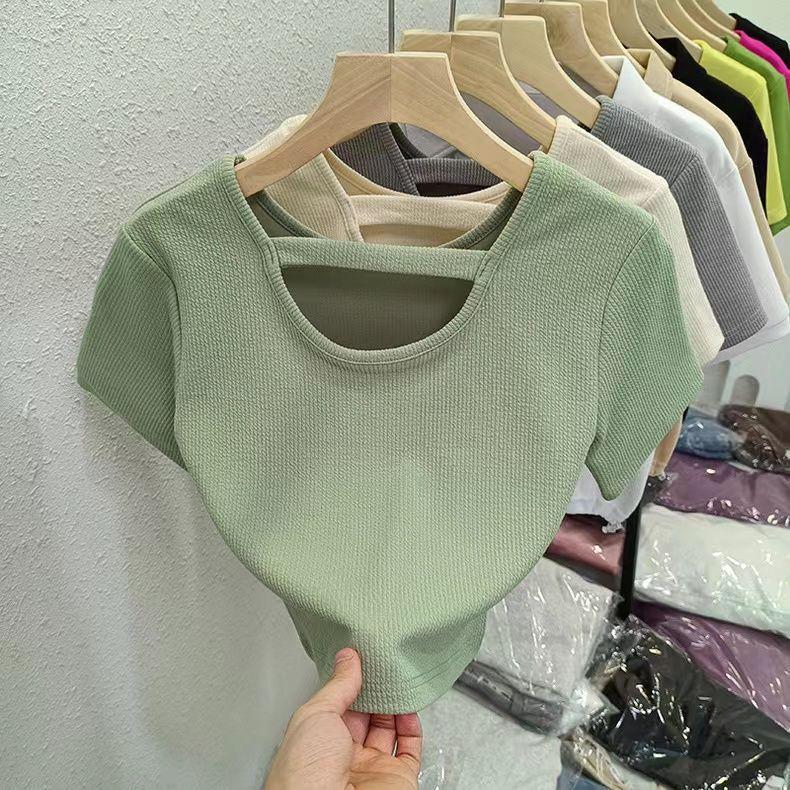 

Spicy Girl Korean Design Cutout Shoulder Slim Fit Cropped T-Shirt Large