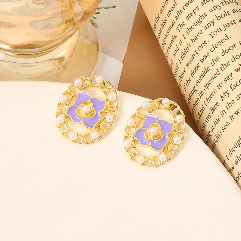 Silver Needle French Flower Stud Earrings Retro Earrings Earrings Purple Gently Niche