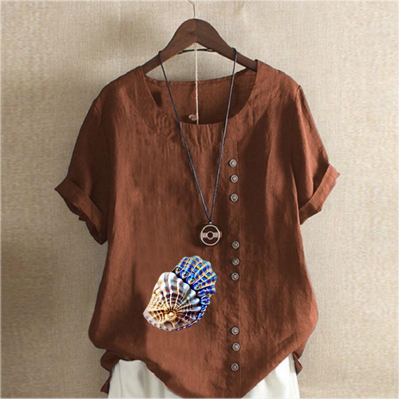 Women's Fashion Round Neck Short Sleeve T-shirt Casual Cotton Linen Graphic Shirt Leisure Loose Conch Prined Summer Blouse Tops