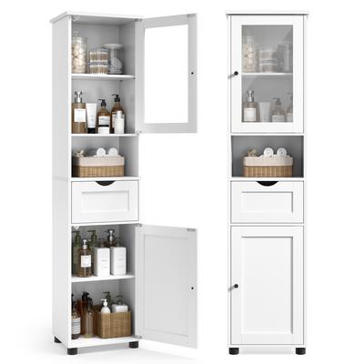 Tall Bathroom Cabinet, Slim Bathroom Storage Cupboard, Open Shelf, Glass Door, Adjustable Shelves, Space-Saving, White