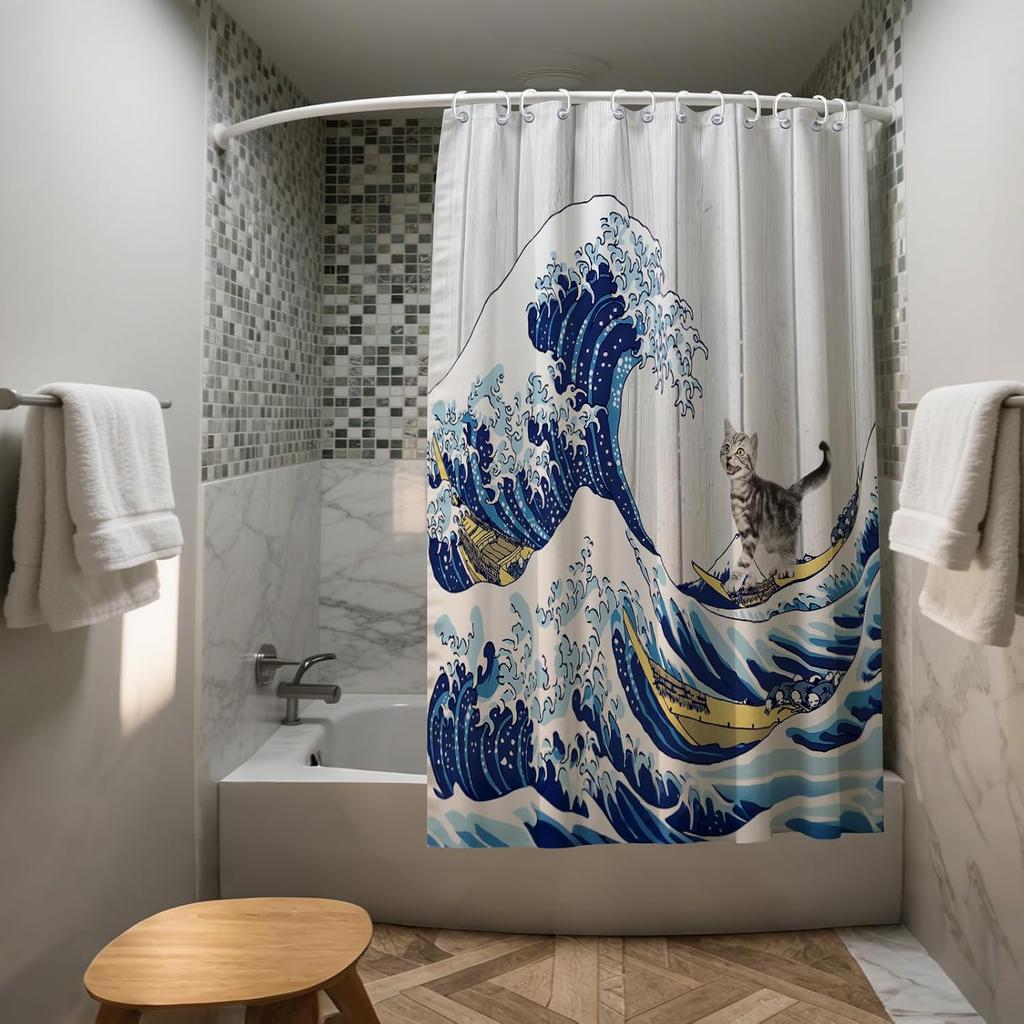 Big Japanese Wave Shower Curtains Cat Surfing Barn Door Decor Polyester Fabric Waterproof Bathroom Curtains Set with 12 Hooks