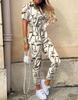 2025 Women's Casual Printed Jumpsuit with Lapel and Waist Belt
