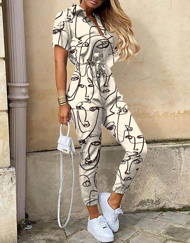 2025 Women's Casual Printed Jumpsuit with Lapel and Waist Belt