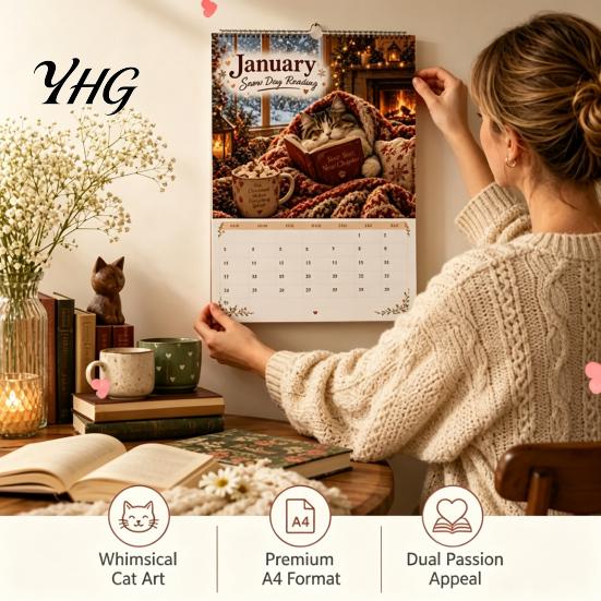 Important Date Tracker Cats Chillin' with Book 2027 Calendar, 12 Month Monthly Planner, Thick Paper Planner Daily Planning Wall Calendar for