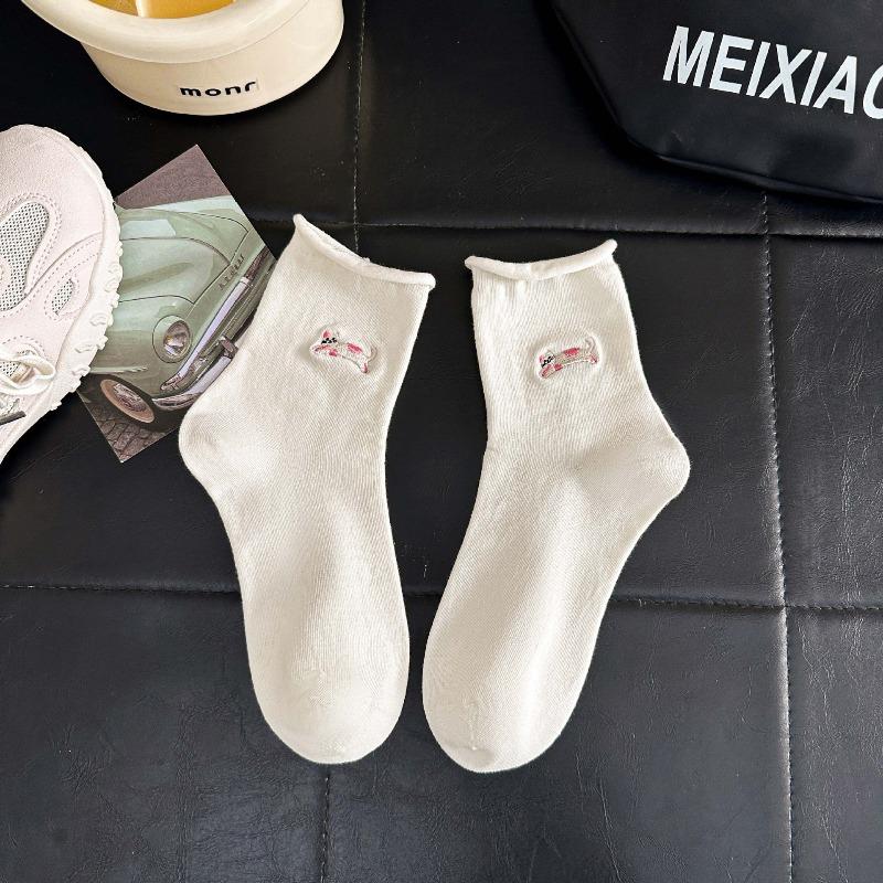 Spring and Summer White Socks with Cartoonish Cute Sausage Dog Embroidery, Rolled Cuffs Mid-calf Socks, Boneless Pile Socks, Postpartum Care Socks