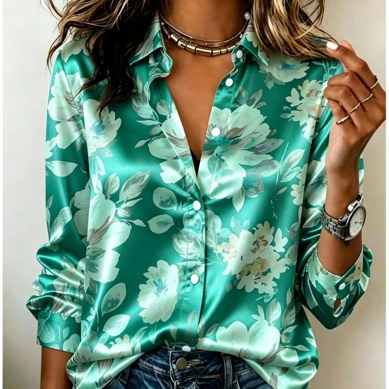 Dames Satijnen Blouse met Lange Mouwen Vintage Grote Pioenroos Bloemenprint Blouse Kraag Enkelrijig Losse Kantoor Tops