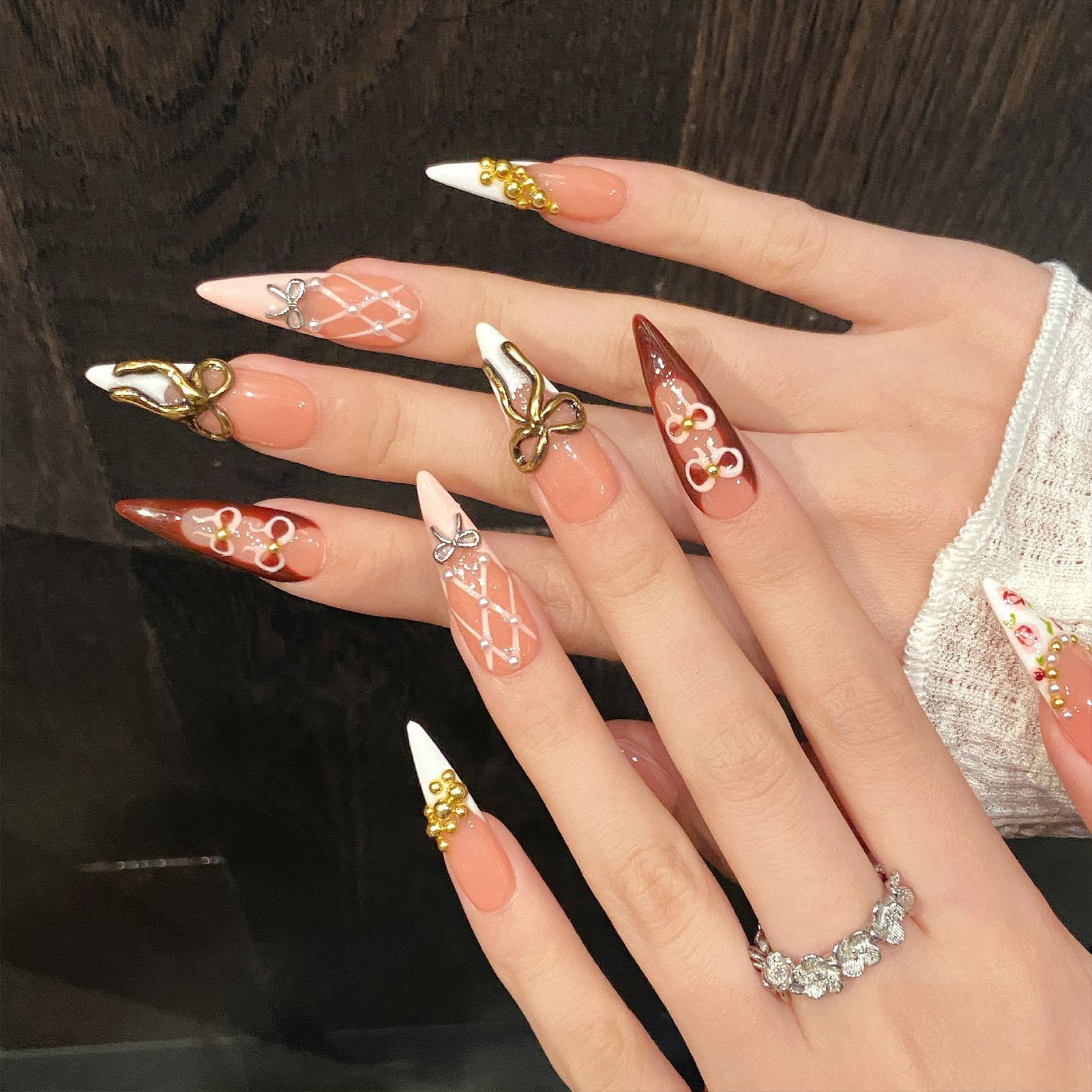 Tortoiseshell Press On Nails Long Red With Bowknot Design For Party Wedding 673 Long Teardrop_XS белый/чёрный