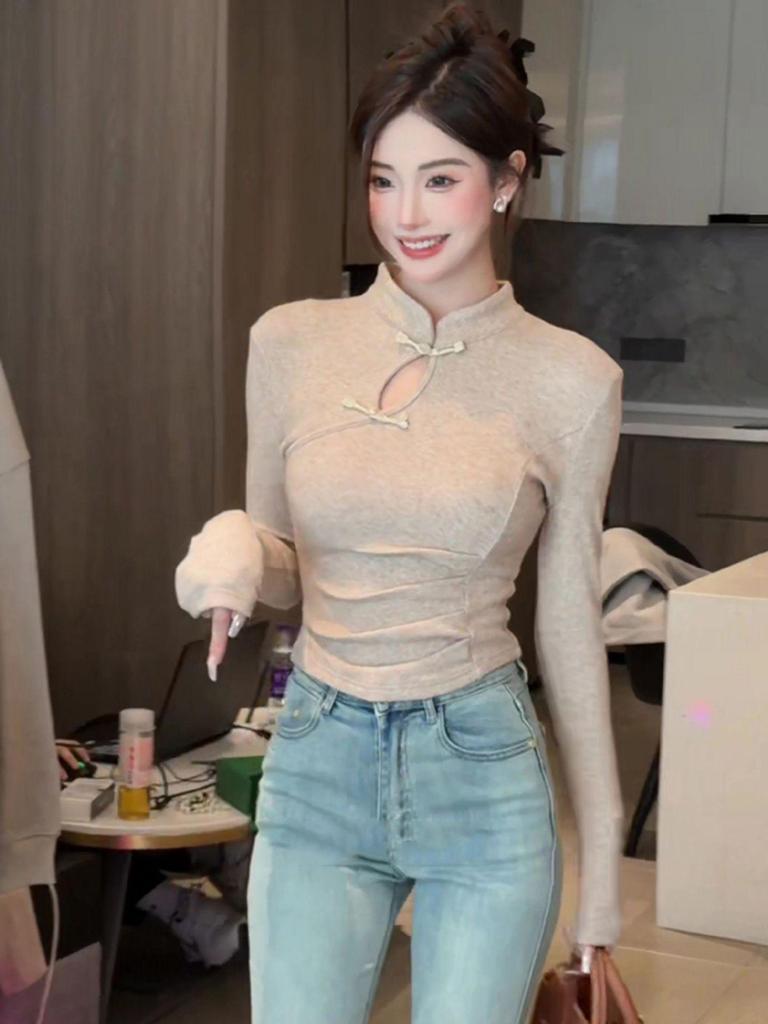 Spring 2026 Women's Chinese Qipao Style Slim Fit T-shirt with Frog Buttons & Stand Collar