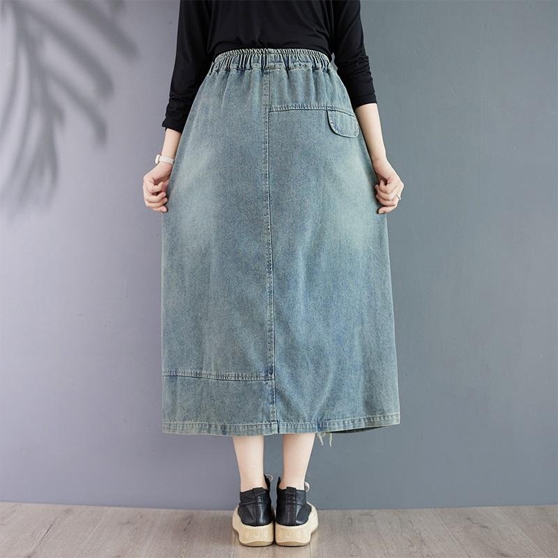 Denim Plus Size High Waist Vintage Embroidery Spring Autumn Casual Loose Long for Woman Skirts Womens Skirt