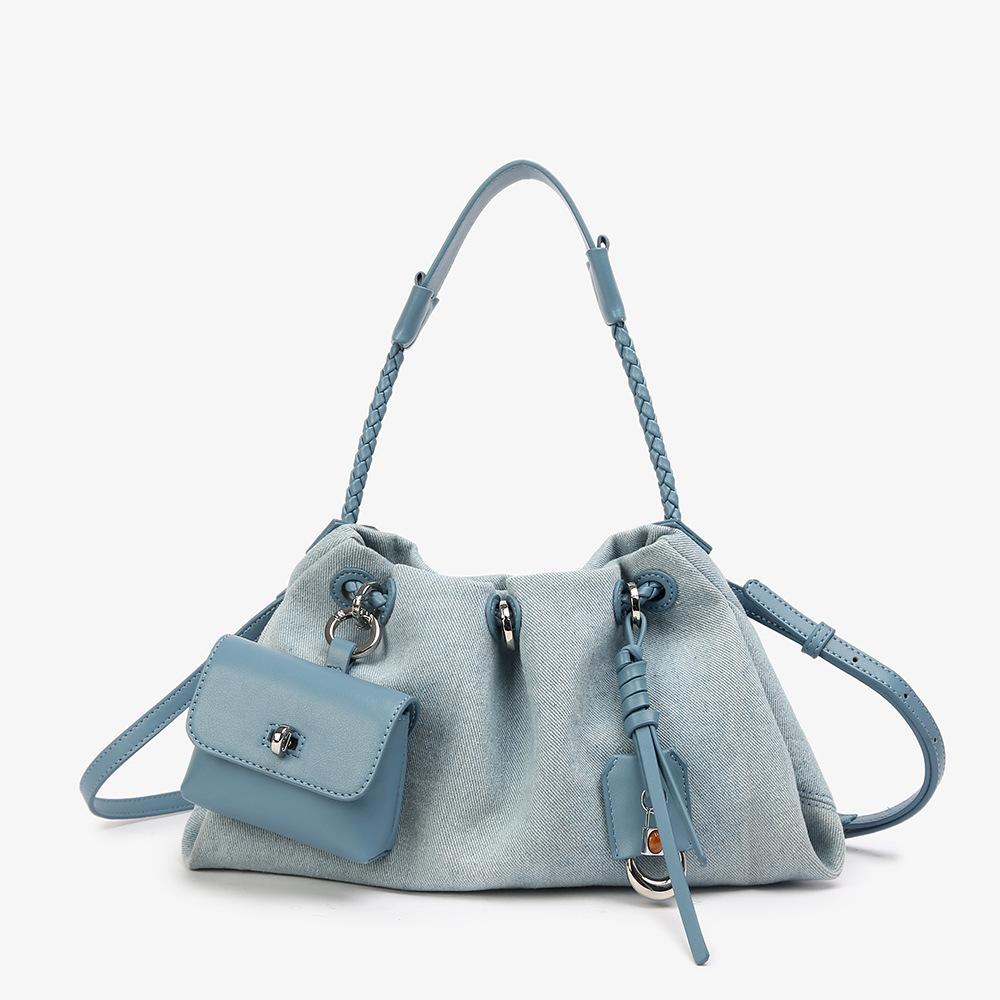 

Bag, women s high-end fashion, single shoulder crossbody bag, versatile handheld denim plaid drawstring tote bag, shoulder bag світло-синій колір