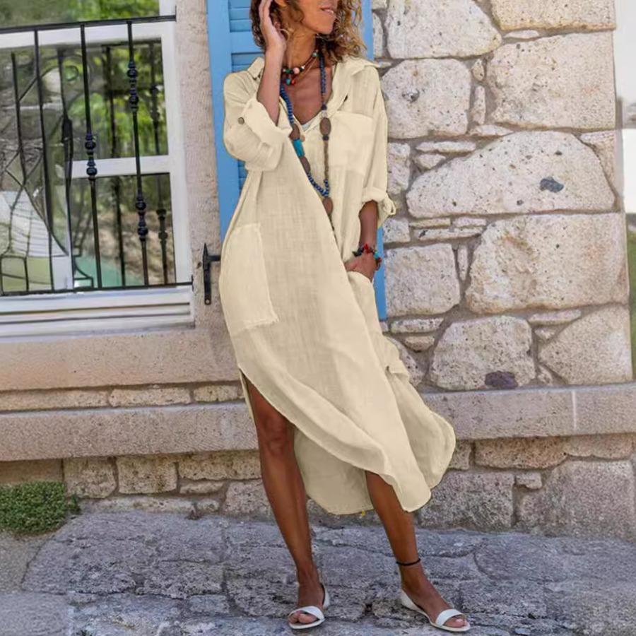 Rochie ocazională cu mâneci lungi și decolteu în V pentru femei, de culoare uni, rochie lungă, lungă, cămașă din bumbac, cu buzunar