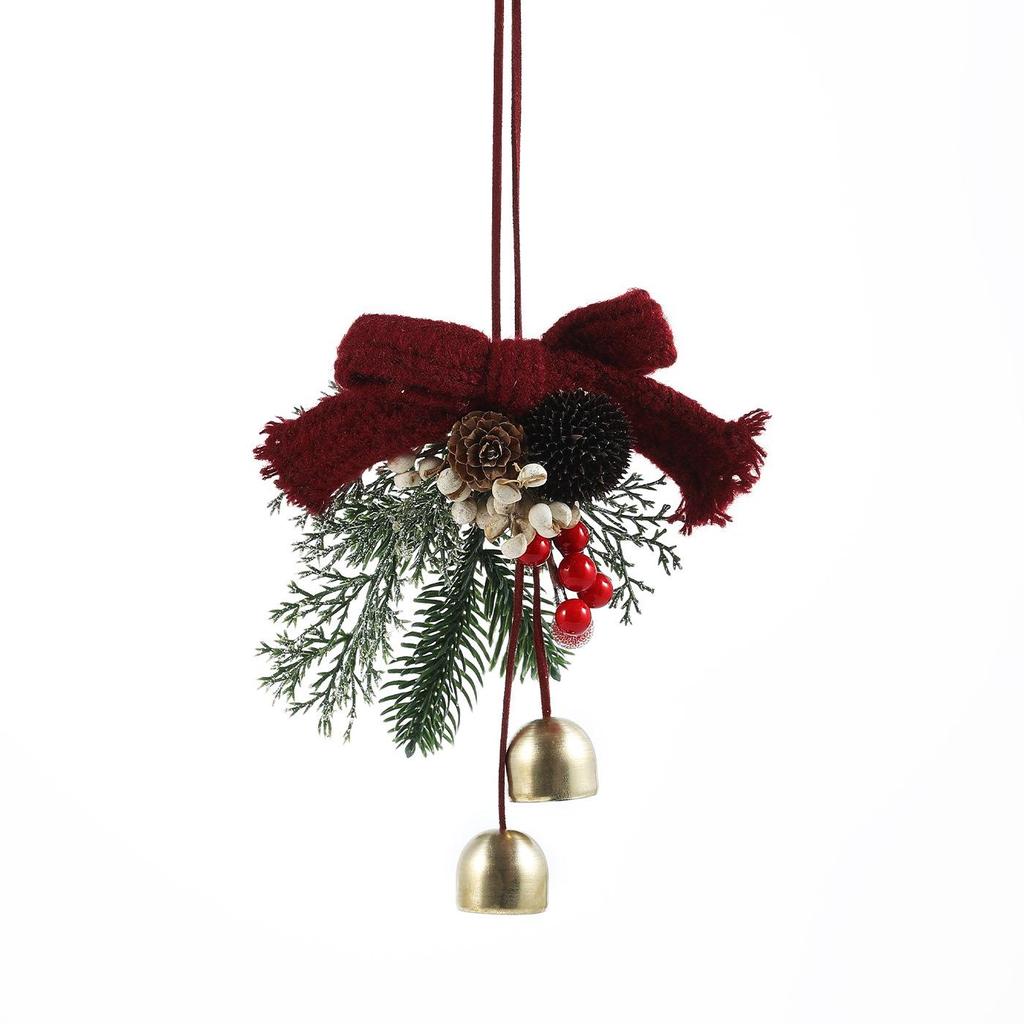 Velvet Bow Bell Ornament with Pine Cone for Christmas Tree Decoration