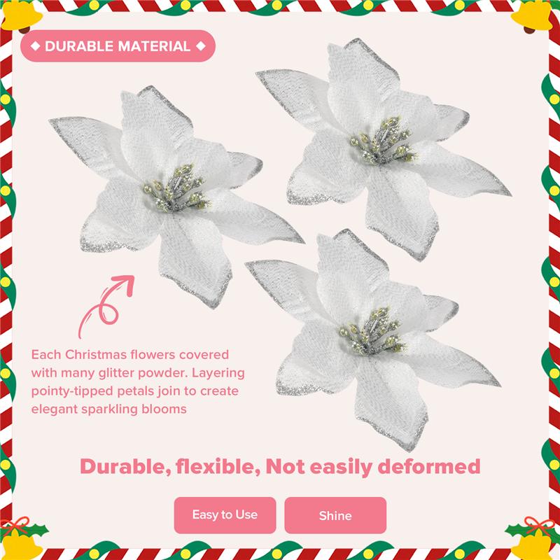 Good-50 Pack Glitter Poinsettia Christmas Tree Ornaments Artificial Silk Flowers Picks Decor Wreath Garland Holiday