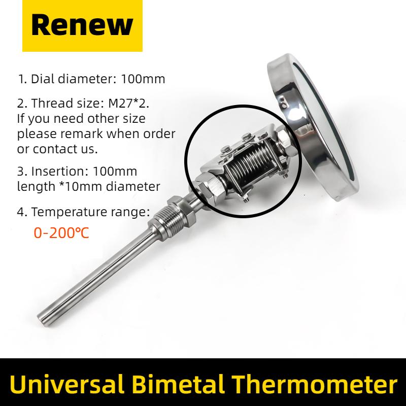 100mm Bimetallic thermometer stainless steel diameter axial pointer boiler pipe roast duck industry thermometer
