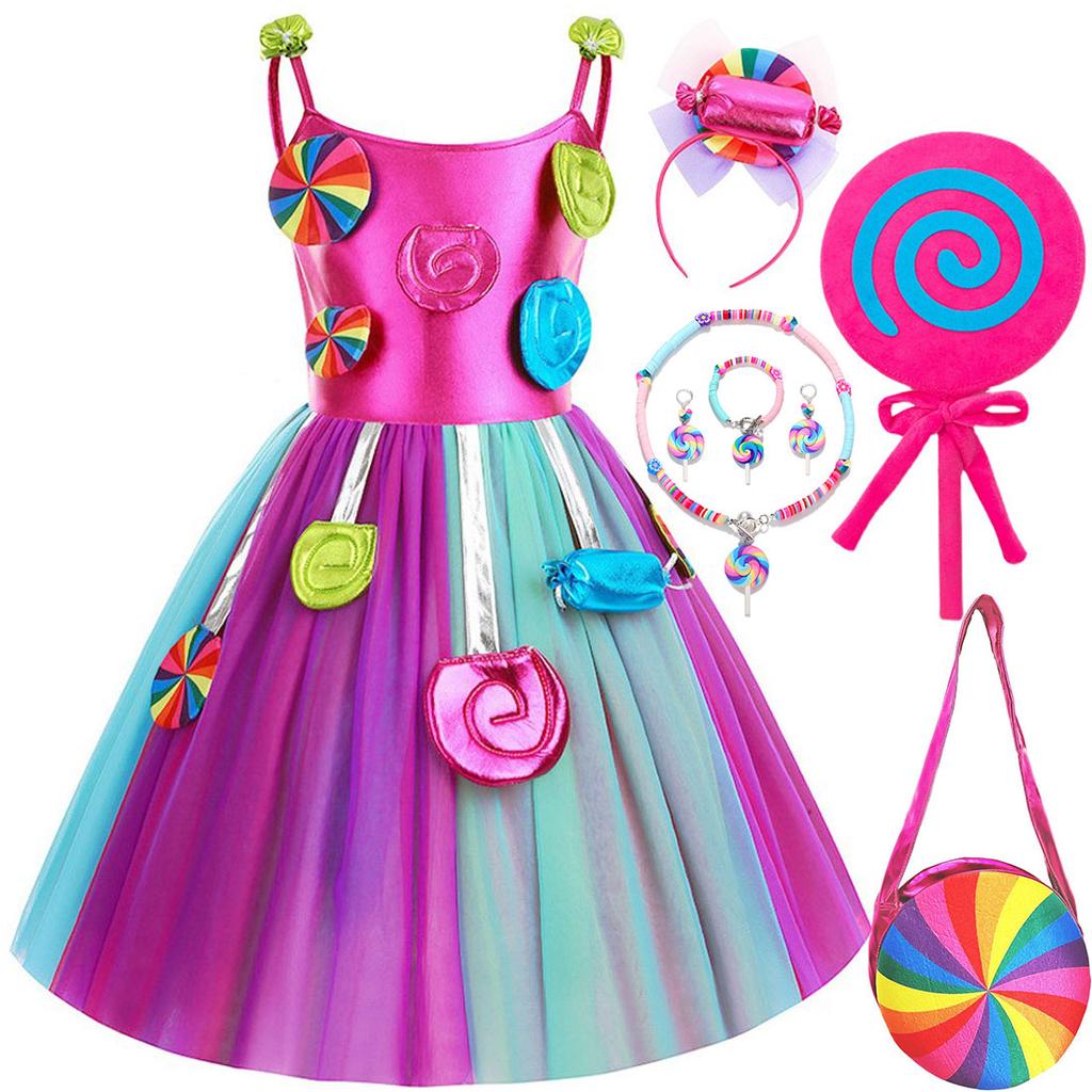 Purim Festival Suspender Rainbow Dress For Girl Candy Lollipop Costume Party Gift Candy Dress + Lollipop Accessories Suit