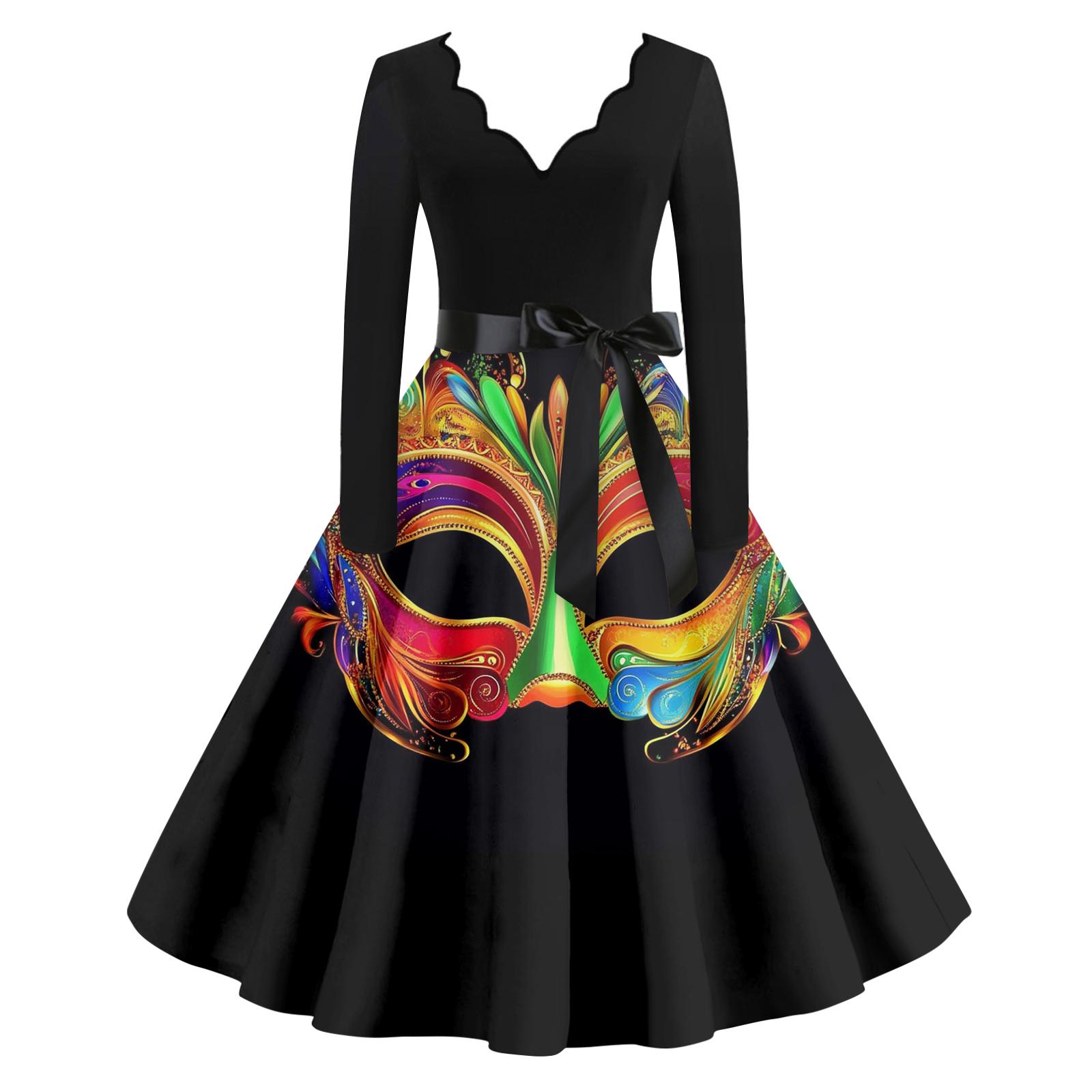 

Женское повседневное модное платье с V-образным вырезом и длинным рукавом с принтом в винтажном стиле XL