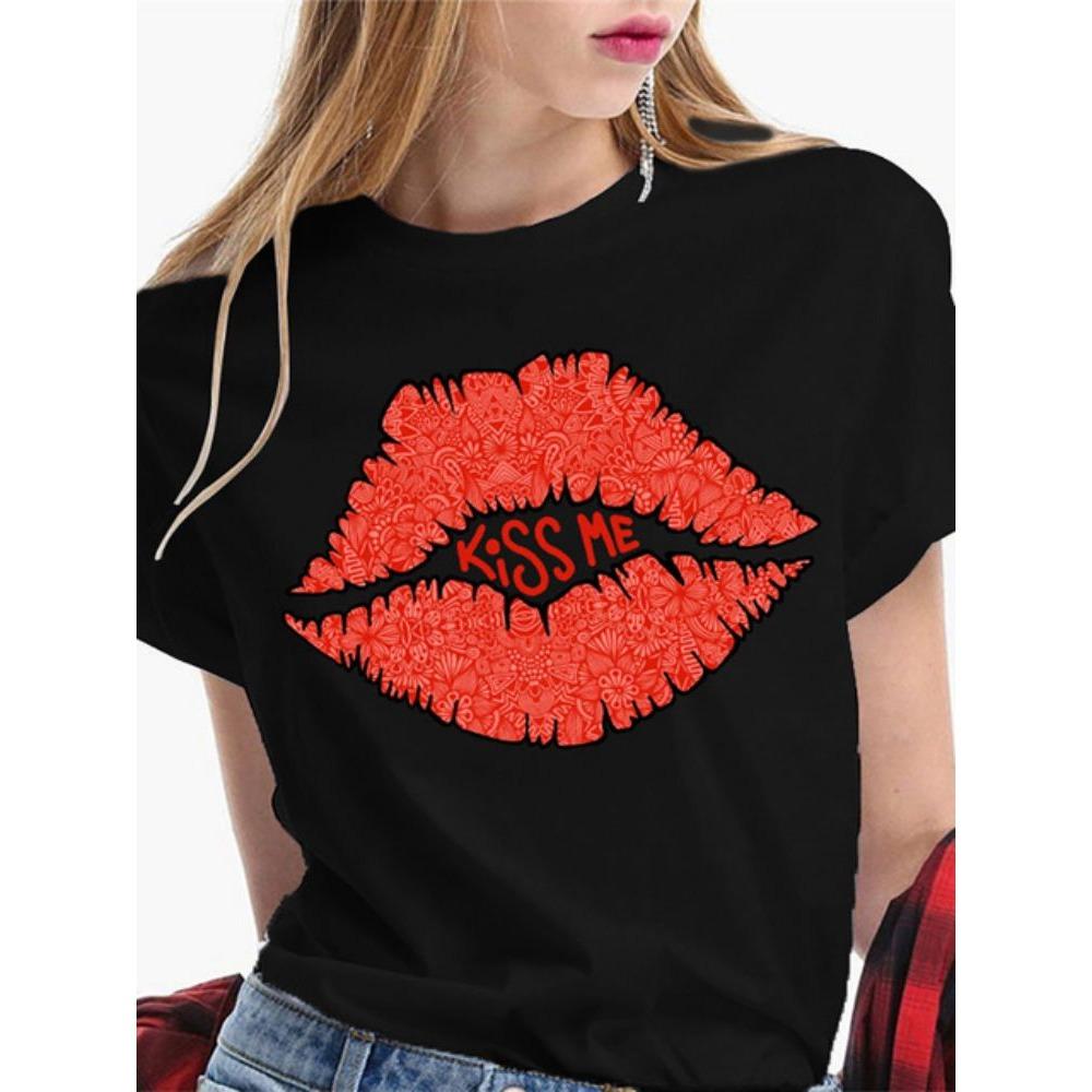 Fashion Sexy Red Lip Women T Shirt Funny Kiss Lips Print Ladies T-shirt Casual Basis O-collar Short Sleeves Female Tops Tees