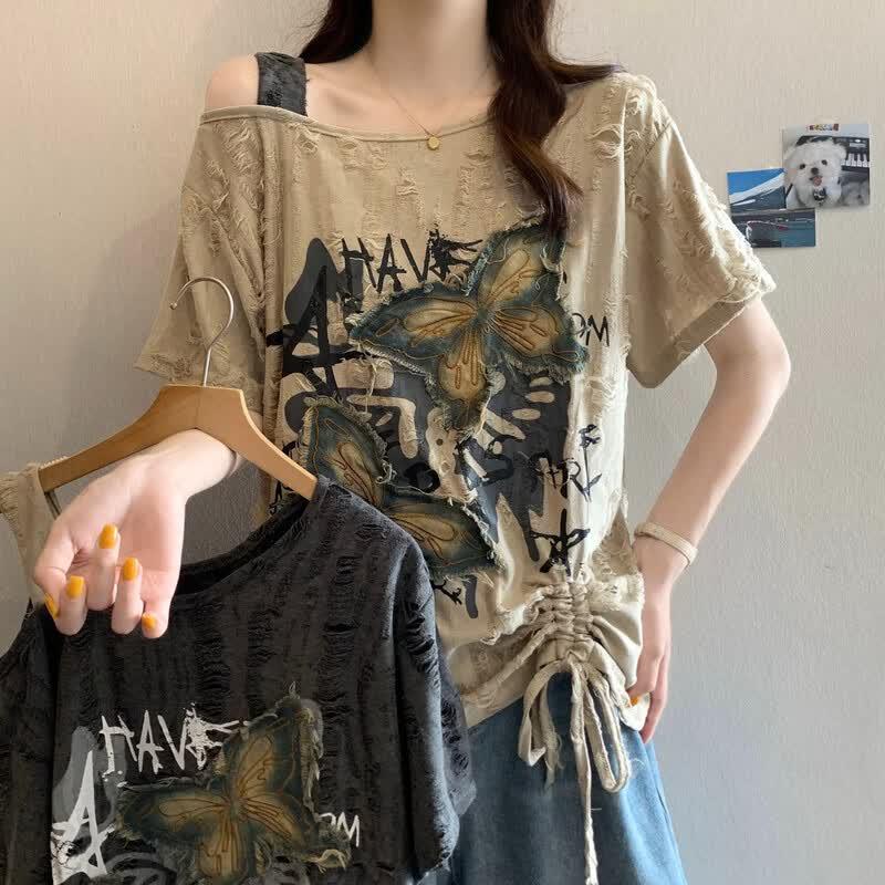 La Chapelle Damen Sommer One-Shoulder Schmetterlings-Cutout Kurzarm T-Shirt