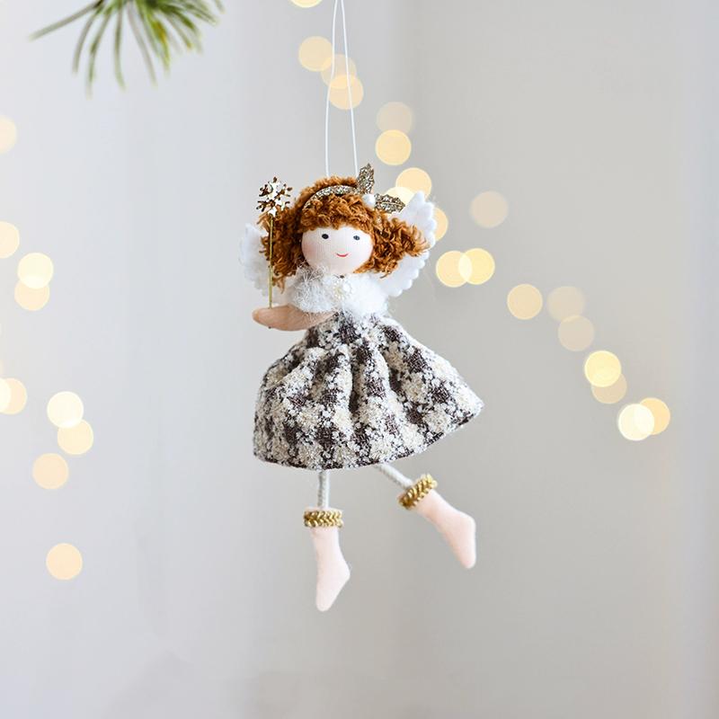 WTEMPO Christmas Angel Girl Doll Decorations Christmas Tree Hanging Ornaments Plush Checkered Skirt Pearl Headwear Doll Pendants Festive Party Gifts