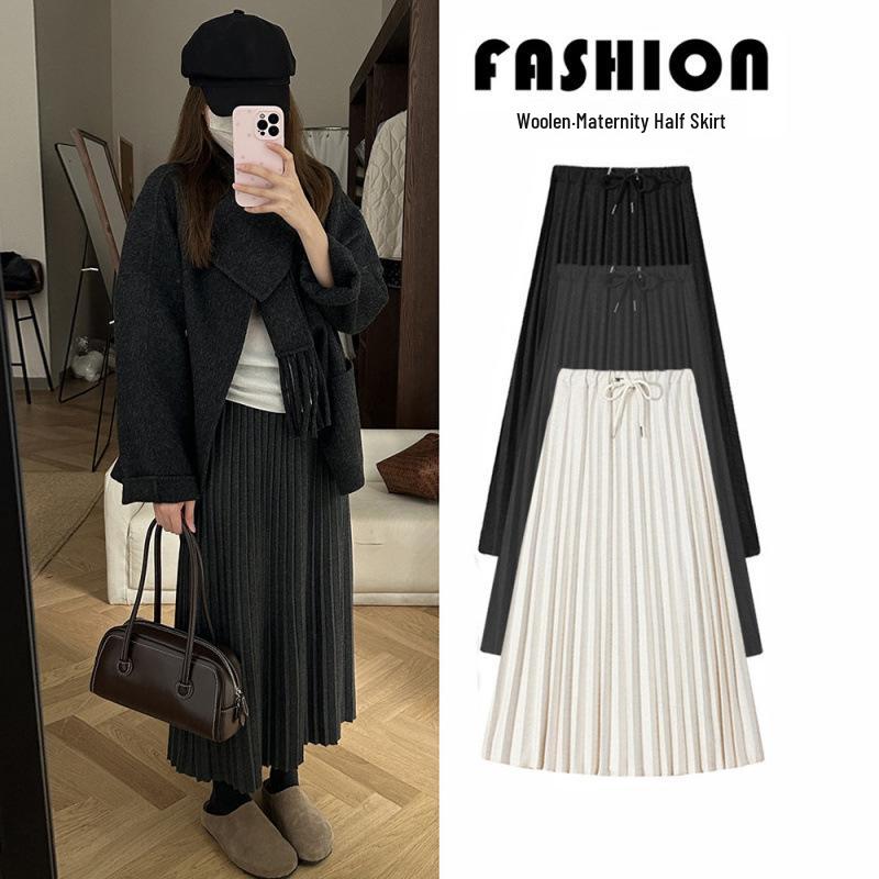 Autumn/Winter 2025 High-Waist Wool Pleated Maternity A-Line Midi Skirt XL