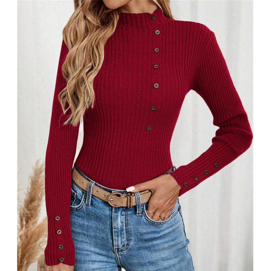 Women's Casual Solid Color Slim Button Knit Sweater Long Sleeved Base Sweater Sweater