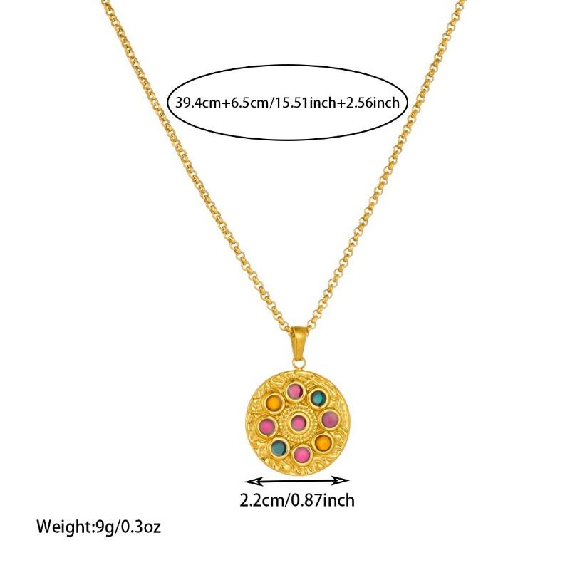 Gold Plated Stainless Steel Colorful Stone Round Pendant Necklace for Women