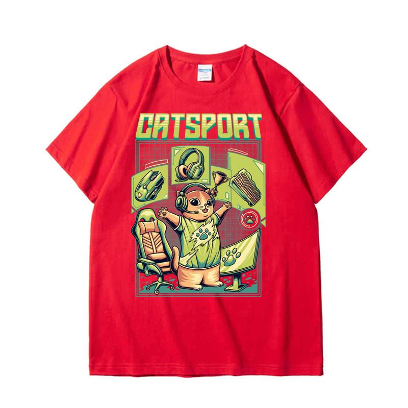 

220GSM Тяжелая футболка из 100% хлопка, мужская футболка с принтом Catsport, повседневная мужская футболка с круглым вырезом, базовые мужские топы