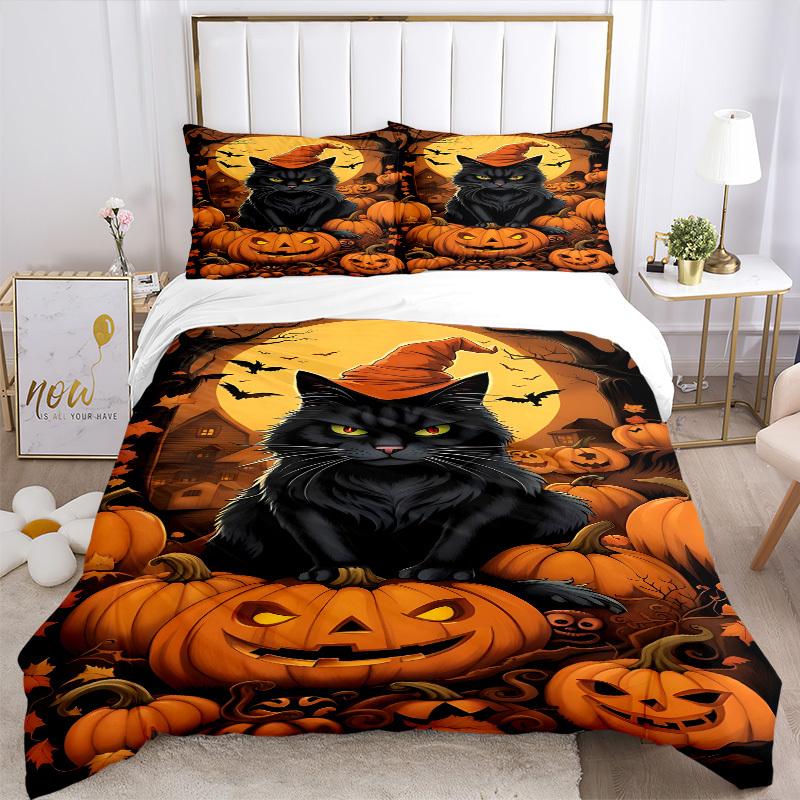 3pcs Cat, Jack-o'-Lantern Duvet Cover Set -Includes 1 Duvet Cover and 2 Pillowcases, No Quilt Core, All-Season Home Decor Yy251111121