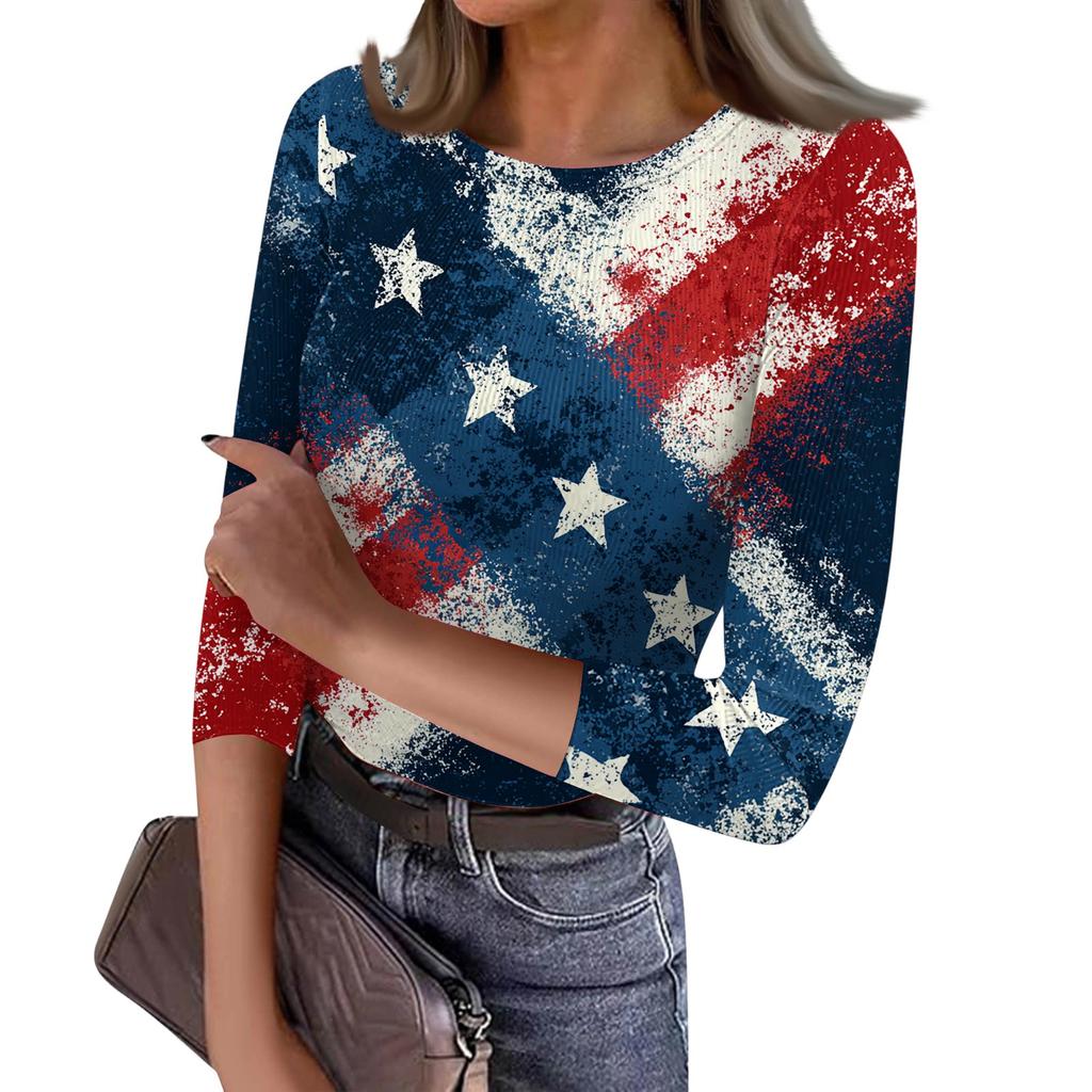 Women's Casual Fashion Round Neck Independence Day Print Three-Quarter Sleeve Ribbed Top