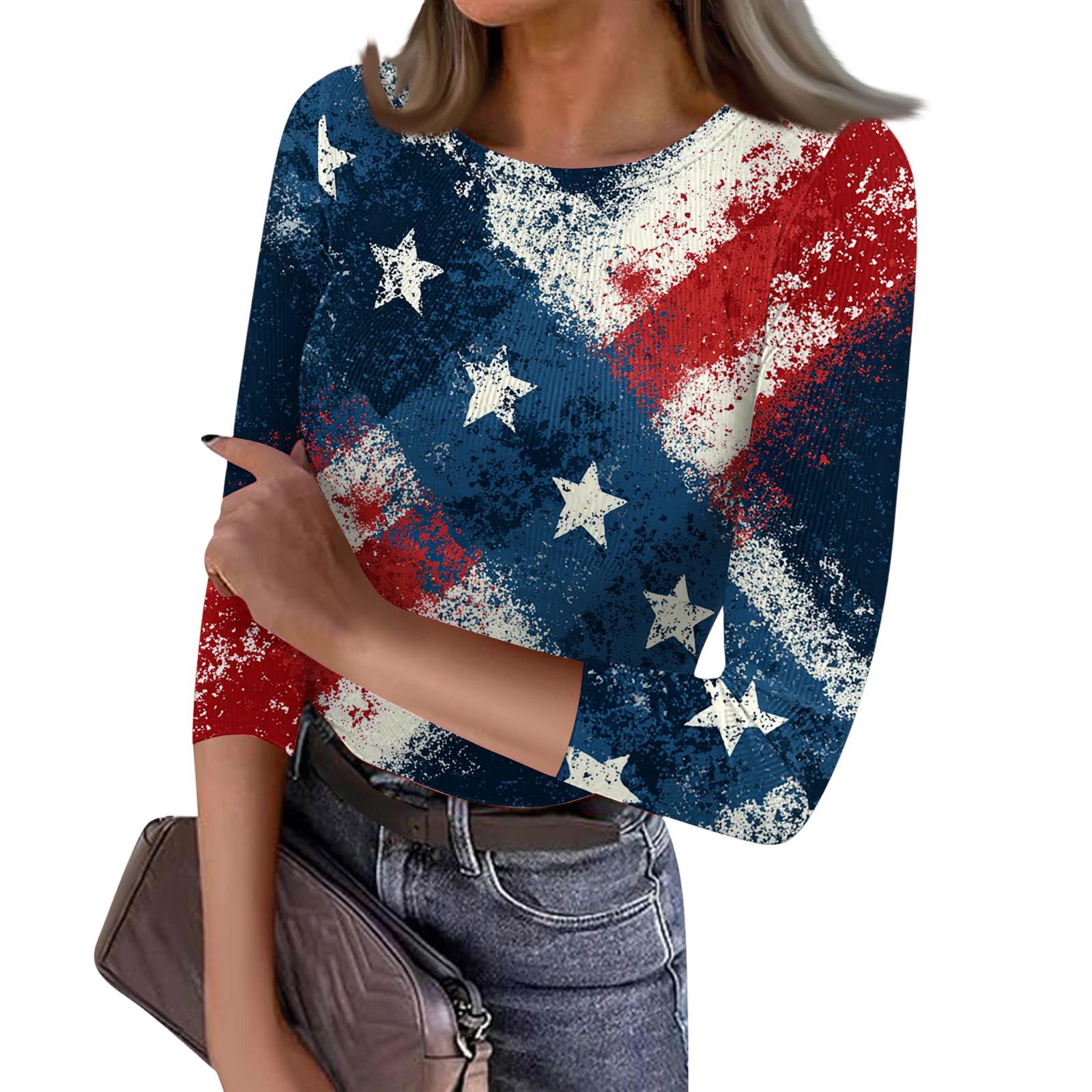 

Women s Casual Fashion Round Neck Independence Day Print Three-Quarter Sleeve Ribbed Top XL білий