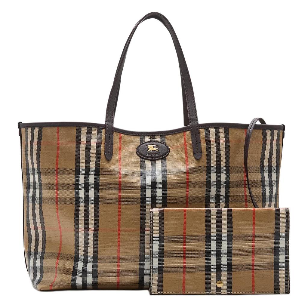Burberry Vintage Check Canvas Leather Trim Large Tote Bag With Equestrian Knight Detail For Daily Use