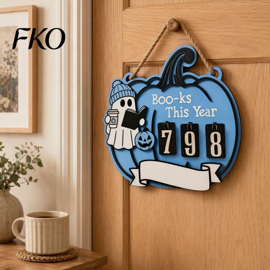 Pumpkin Ghost Design Halloween Reading Tracker Wooden Hanging Sign, Sliding Number Counter for Book Read This Year, Fun Gift Spooky Decor