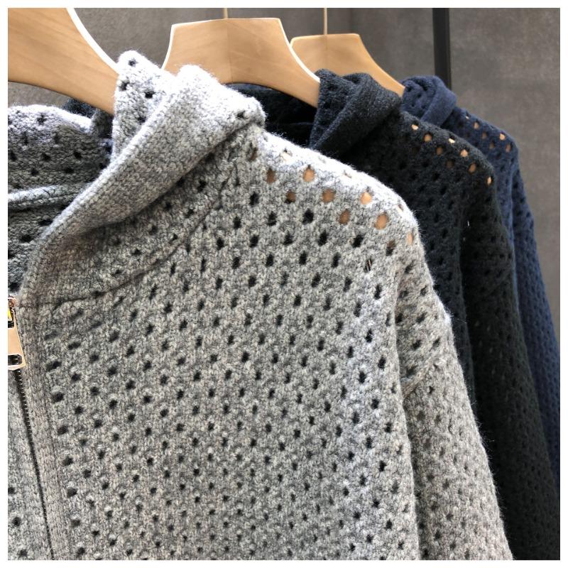 Mens Hollow Out Hooded Cardigan Loose Knit Sweater Casual Outerwear