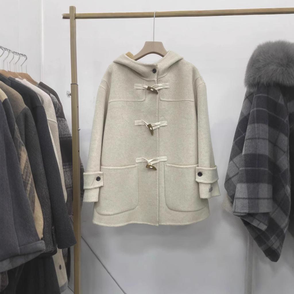 Spring, Autumn and Winter Hooded Double-sided Woolen Coat Jacket Women's Woolen Cloth Simple and Versatile Casual Commuting Horn Buckle