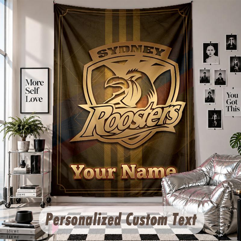 Wall Hanging Tapestry With Custom Name & Text, Sydney Roosters Decorative Tapestry For Bedroom