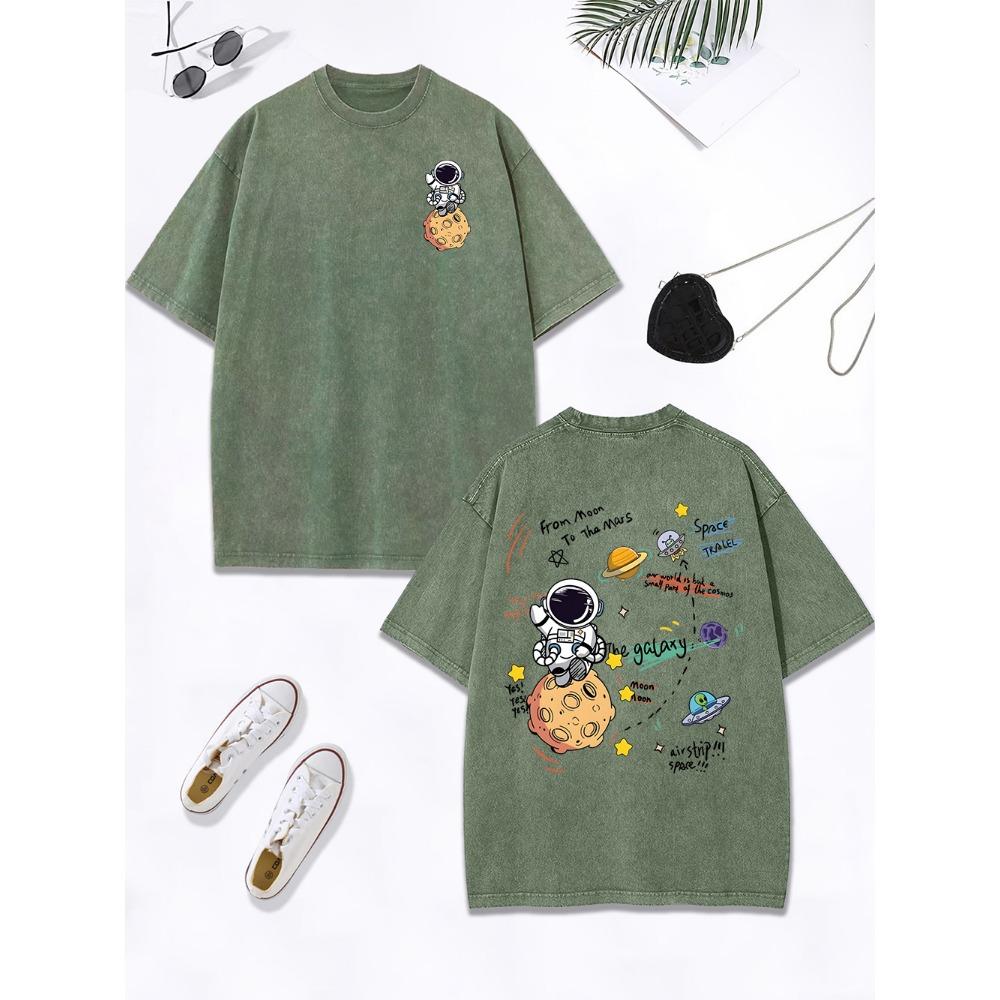 Cartoon Astronaut Space Adventure Prints Washed T-Shirt Womens Cotton Oversized Tops Distressed O-Neck T Shirt  Clothes