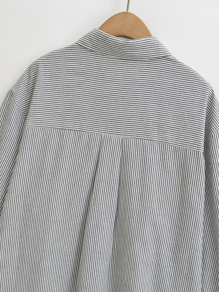 Women's Retro Striped Long Sleeve Lapel Shirt - Casual, Loose Fit for Spring and Autumn