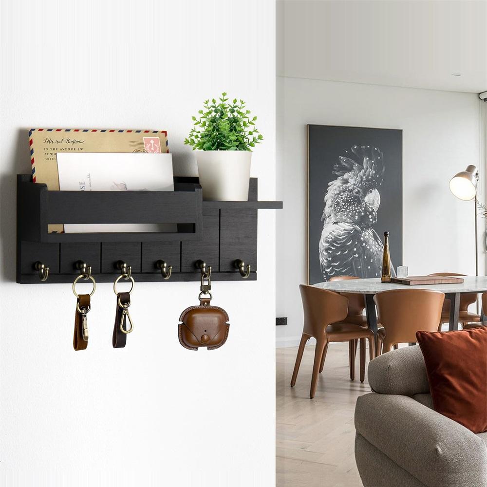 Dekoratyvinė raktų lentyna ir pašto dėžutė su 6 raktų kabliukais, kaimiškas medinis raktų laikiklis, montuojamas ant sienos su lentyna, skirta svetainės įėjimui