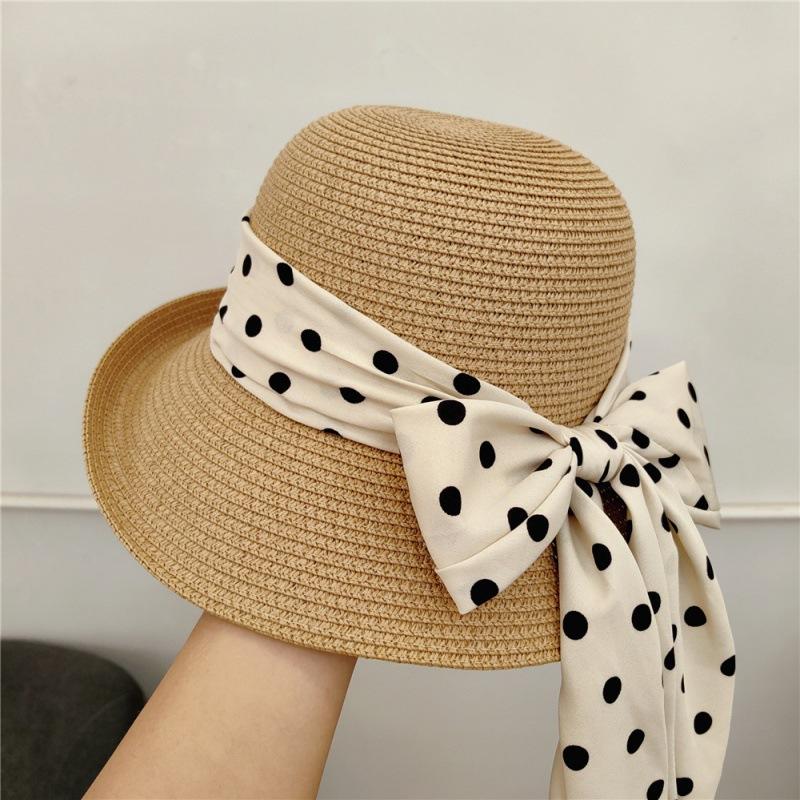 French Retro Style, Elegant Polka Dots, Bow Tie, Sun Hat, Straw Hat, Women's, Summer Seaside Vacation, Beach Sun Hat